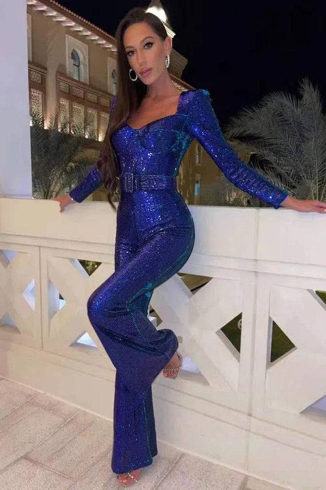 Sequin Jumpsuit with Corset Detail and Flared Legs
