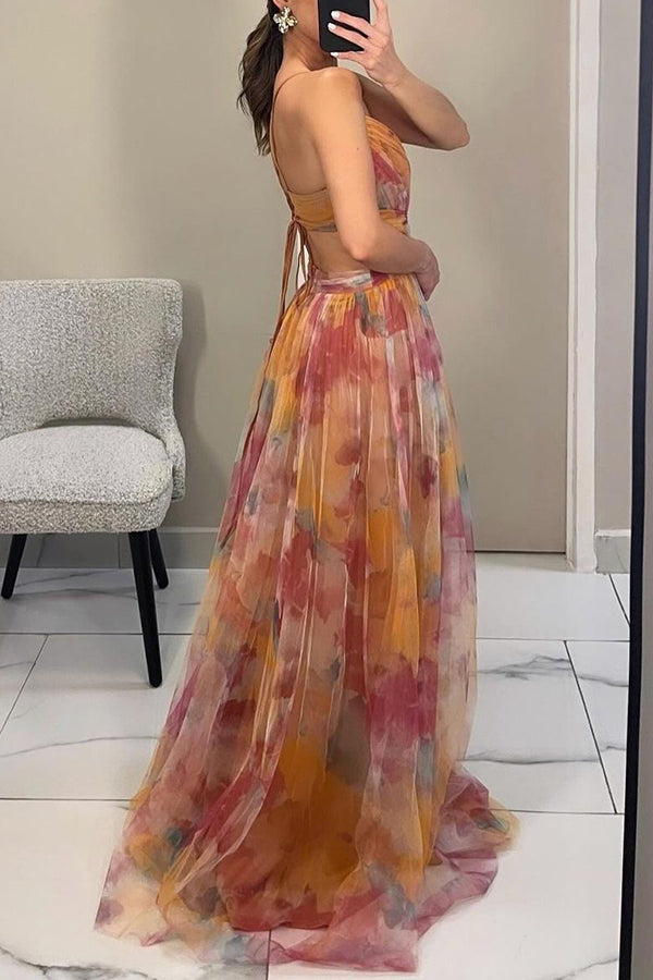 Women's Maxi Dress – Multicolour, Thin Straps, V-Neck, Fluid Silhouette