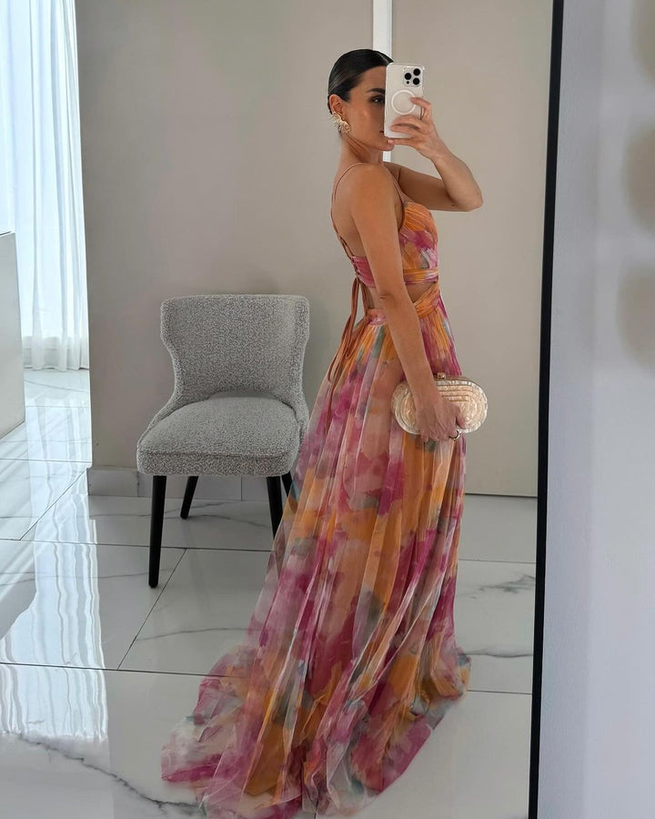 Women's Maxi Dress – Multicolour, Thin Straps, V-Neck, Fluid Silhouette