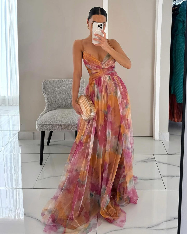 Women's Maxi Dress – Multicolour, Thin Straps, V-Neck, Fluid Silhouette