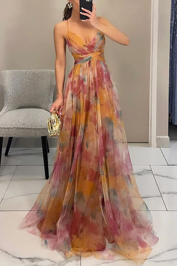 Women's Maxi Dress – Multicolour, Thin Straps, V-Neck, Fluid Silhouette