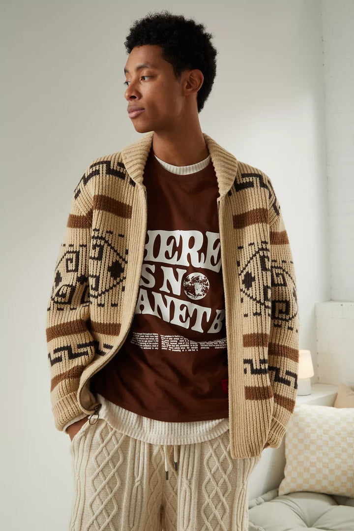 Vintage Jacquard Knitted Men's Cardigan with Zipper Timeless Style Meets Modern Comfort