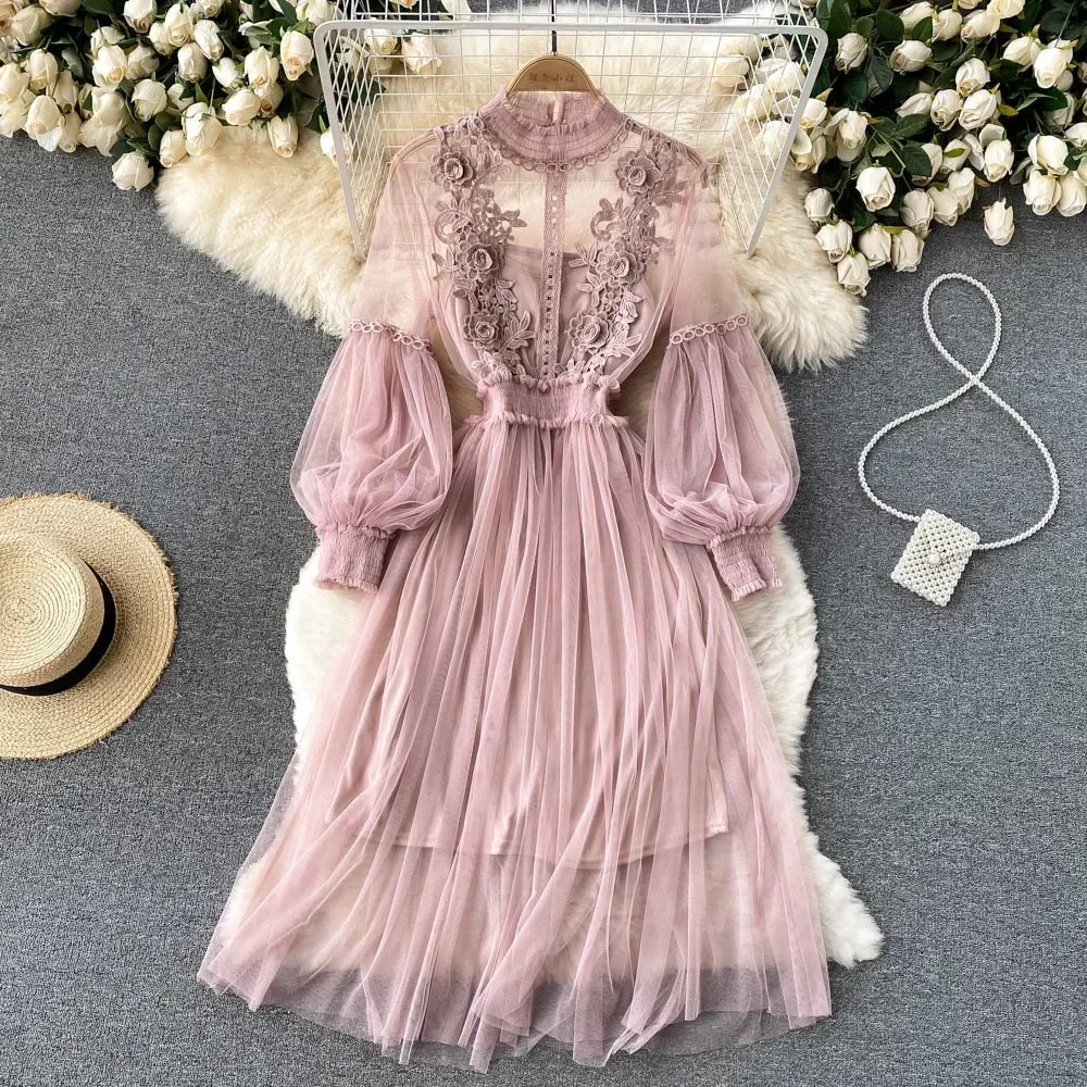 Enchanting Floral Dress with Stand-Up Collar