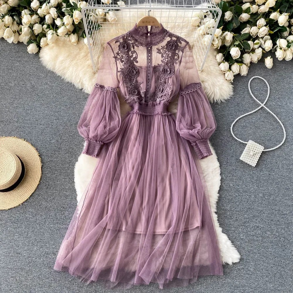 Enchanting Floral Dress with Stand-Up Collar