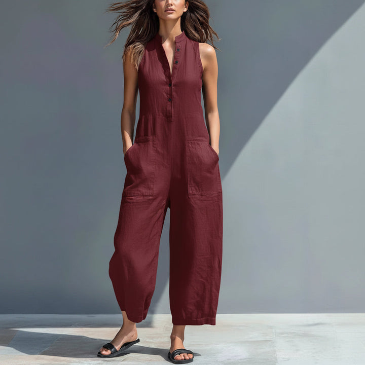 Sleeveless V-Neck Jumpsuit With Pockets Casual Wide-Leg Trousers