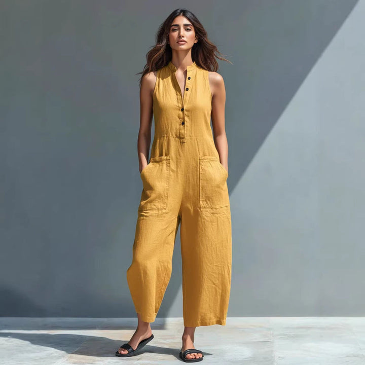 Sleeveless V-Neck Jumpsuit With Pockets Casual Wide-Leg Trousers