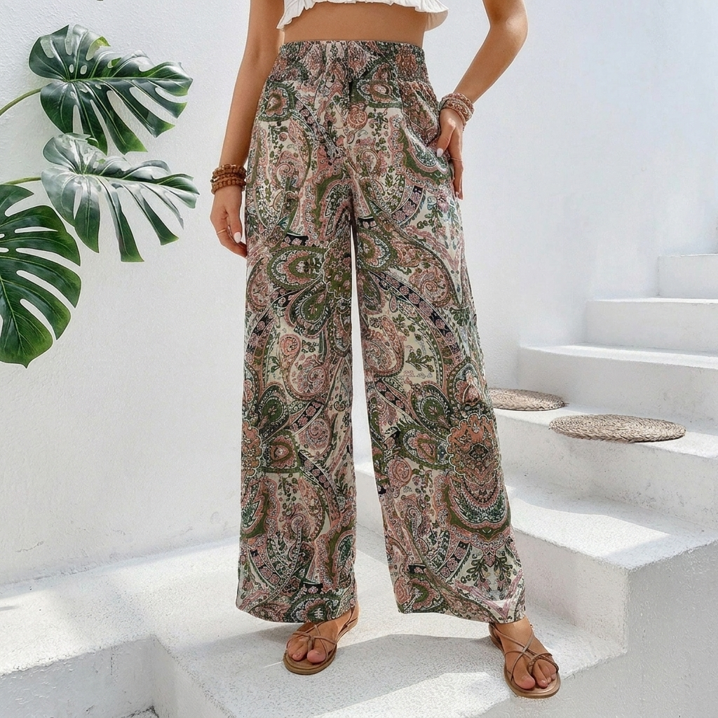 Bohemian Wide-Legged Women's Trousers with Slanted Pockets
