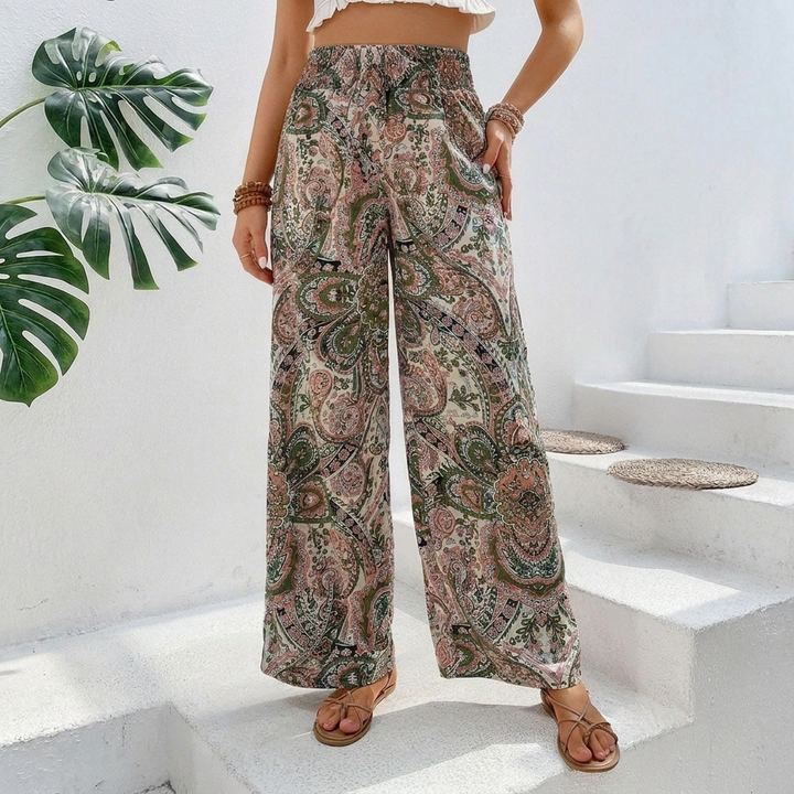 Bohemian Wide-Legged Women's Trousers with Slanted Pockets