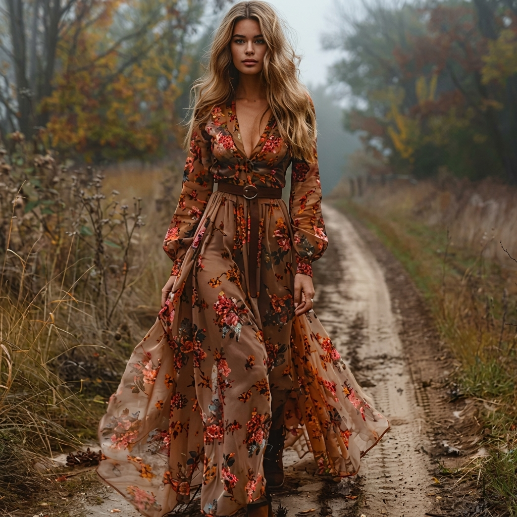 Long Sleeve Digital Printed V-Neck Dress