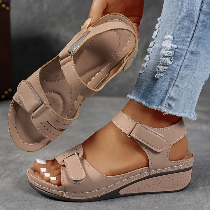 Microfiber Wedge Strap Sandals Round Toe Velcro