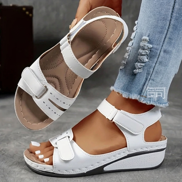 Microfiber Wedge Strap Sandals Round Toe Velcro
