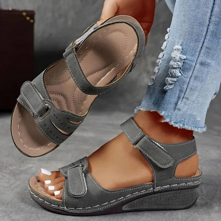 Microfiber Wedge Strap Sandals Round Toe Velcro