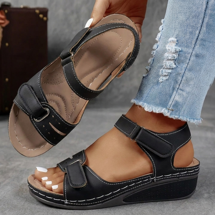 Microfiber Wedge Strap Sandals Round Toe Velcro