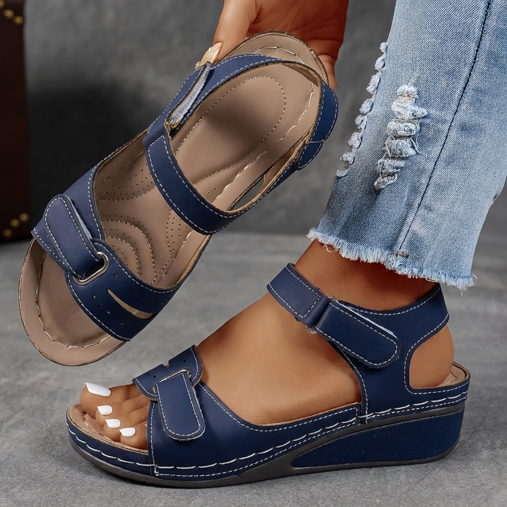 Microfiber Wedge Strap Sandals Round Toe Velcro