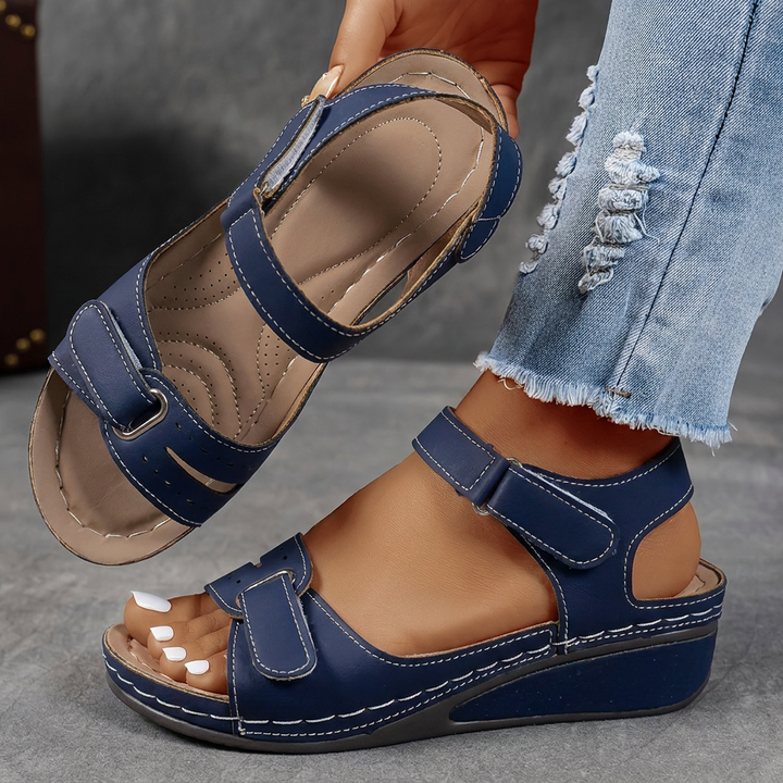 Microfiber Wedge Strap Sandals Round Toe Velcro