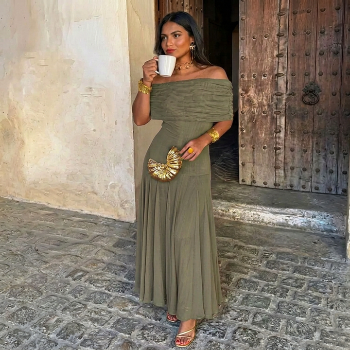 Off-Shoulder Sheer Maxi Dress High Waist Short Sleeve