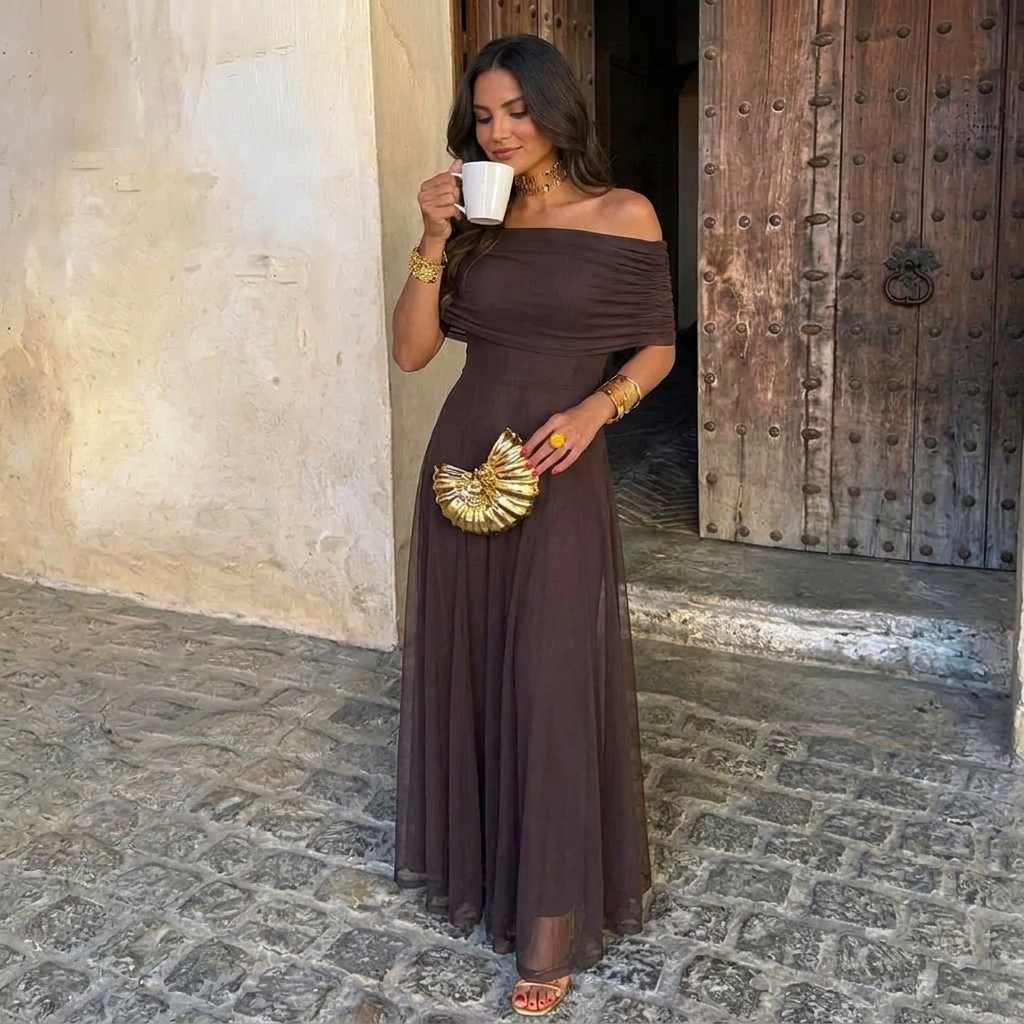 Off-Shoulder Sheer Maxi Dress High Waist Short Sleeve