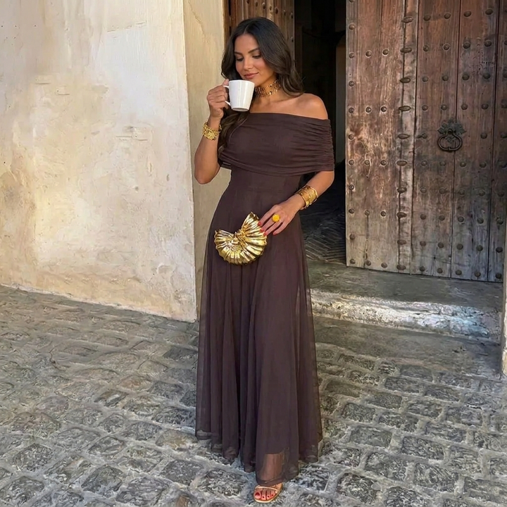Off-Shoulder Sheer Maxi Dress High Waist Short Sleeve