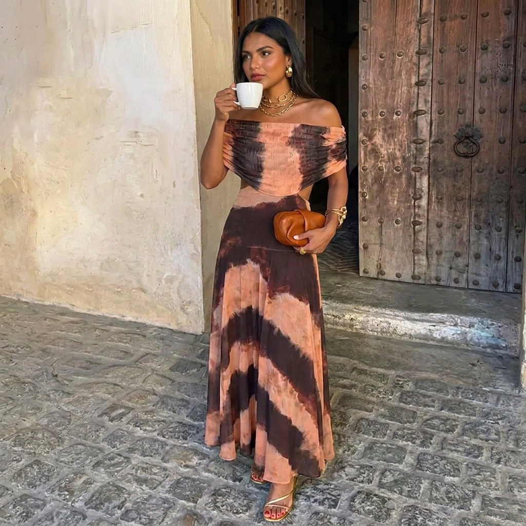 Off-Shoulder Sheer Maxi Dress High Waist Short Sleeve