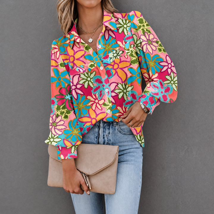 Women’s Floral Print Button‑Front Long‑Sleeve Shirt
